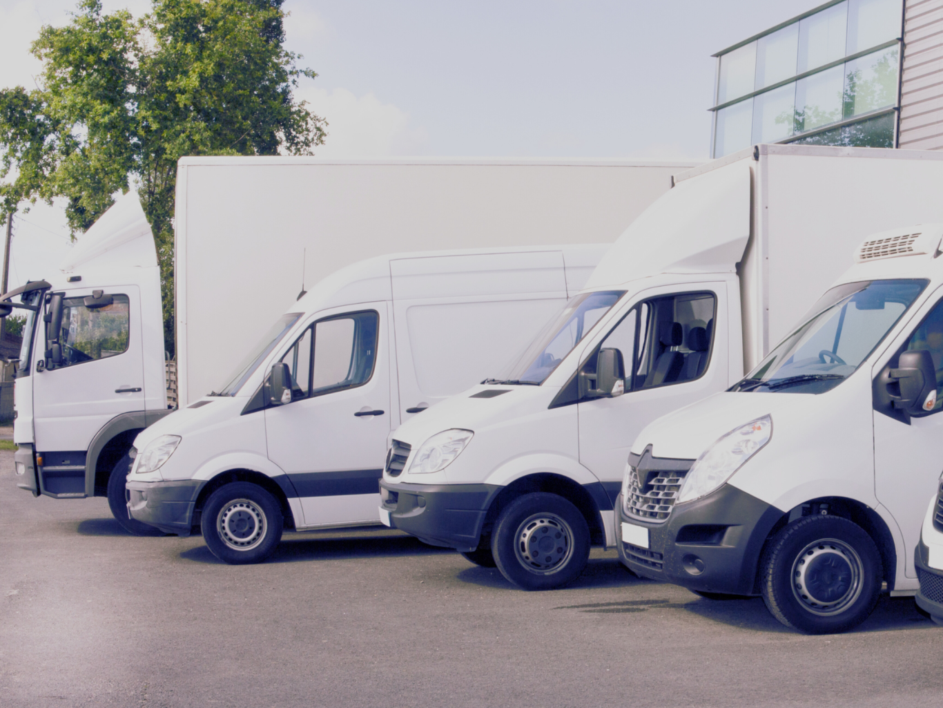 Rent a car Vier weiße Lieferwagen parken in einer Reihe auf einem Parkplatz.